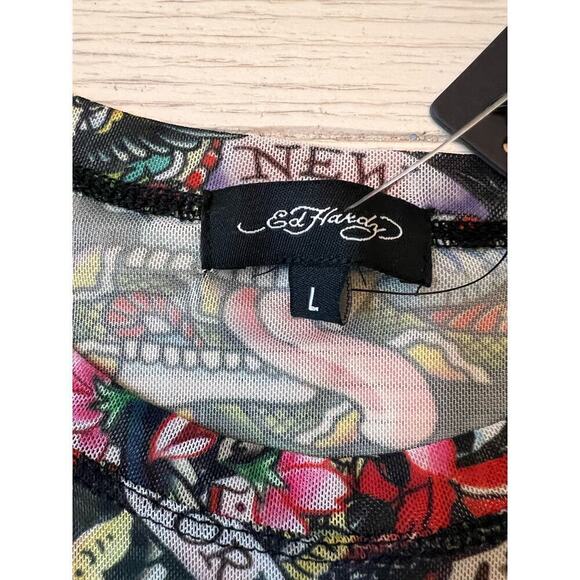 Ed Hardy NWT‎ sheer tattoo crop black & red short sleeve poly, rayon top. Sz L. - Picture 2 of 7